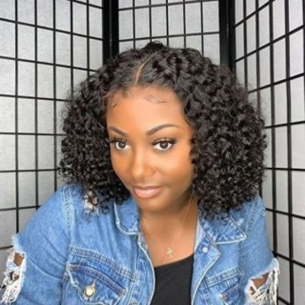 $74 10" 150% 13x6 Natural Curly Bob Wig THROW ON & GO !! Pre Plucked Invisible Swiss Lace 【G04】