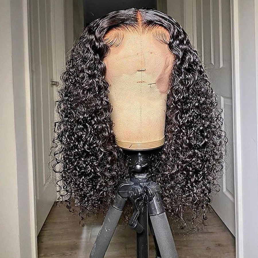 $74 10" 150% 13x6 Natural Curly Bob Wig THROW ON & GO !! Pre Plucked Invisible Swiss Lace 【G05】