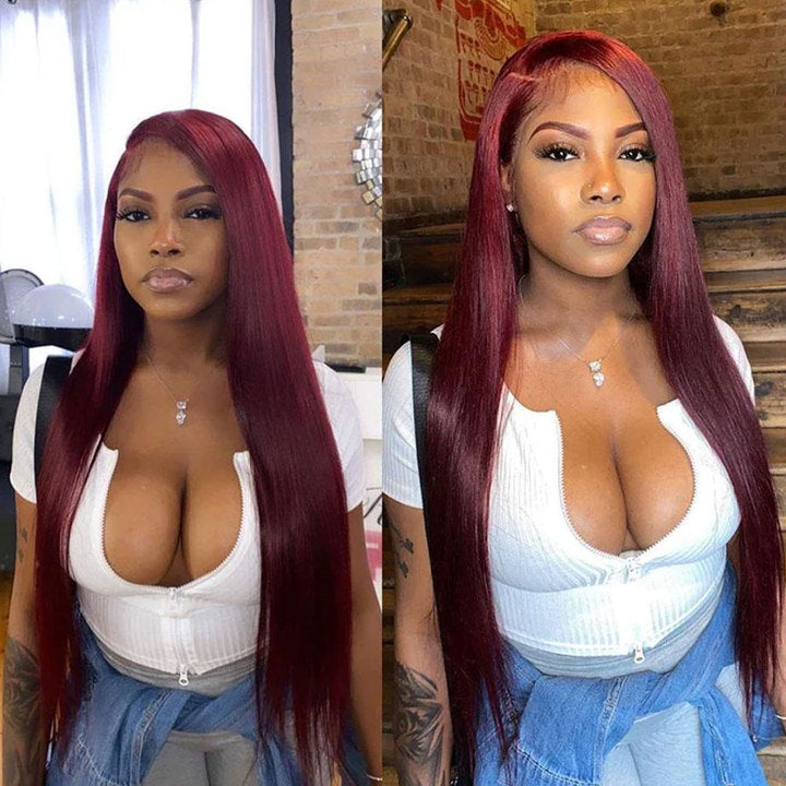 99J Burdundy Color Silky Straight Human Hair Wig 13x6 Lace Frontal Wigs (G09)