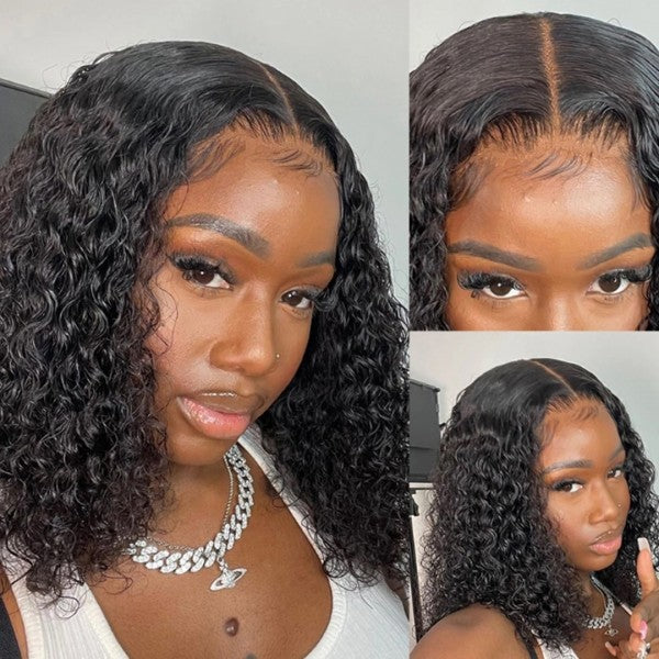 THROW ON & GO !! Elva 13x6 Natural Curly Bob Wig Pre Plucked Invisible Swiss Lace 【N06】