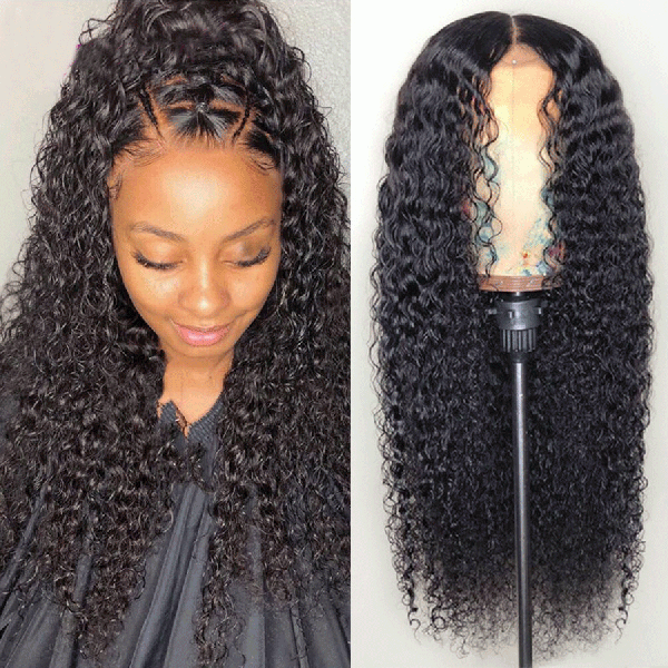 Natural Black Curly 13X6 Lace Mid Part Glueless Wig 100% Human Hair (y14)