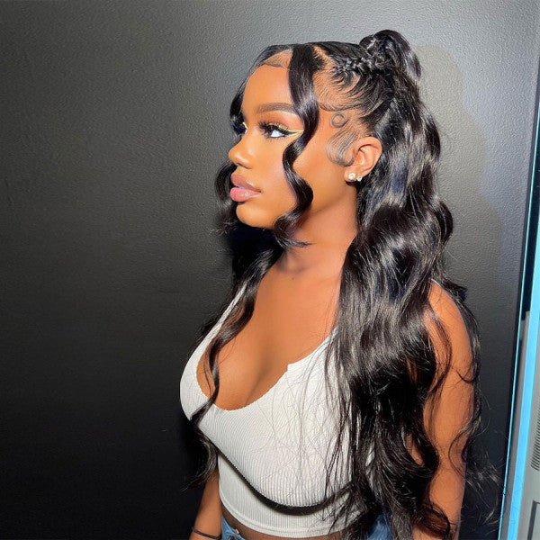 Super Easy Natural Black Body Wave 13X6 Lace Glueless Mid Part Long Wig 100% Human Hair (y10)