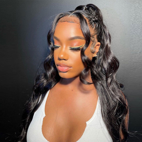 Super Easy Natural Black Body Wave 13X6 Lace Glueless Mid Part Long Wig 100% Human Hair (y10)