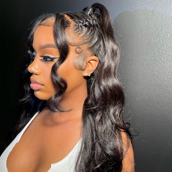 Super Easy Natural Black Body Wave 13X6 Lace Glueless Mid Part Long Wig 100% Human Hair (y10)