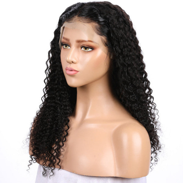 Natural Black Curly 13X6 Lace Mid Part Glueless Wig 100% Human Hair (y14)