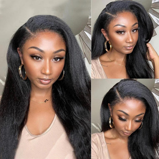 4C Edges | Kinky Edges Kinky Straight 13X6 Lace Glueless Mid Part Long Wig 100% Human Hair (y17)